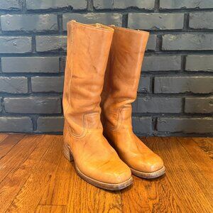 Vintage 1970s Campus Style British Tan Leather Stacked Wood Heel Boots Size 9